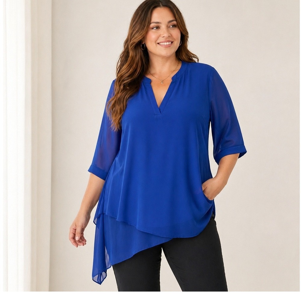 Zac & Rachel 2X Chiffon Blouse Plus Size Tunic Asymmetrical Hem Flowy Office Top